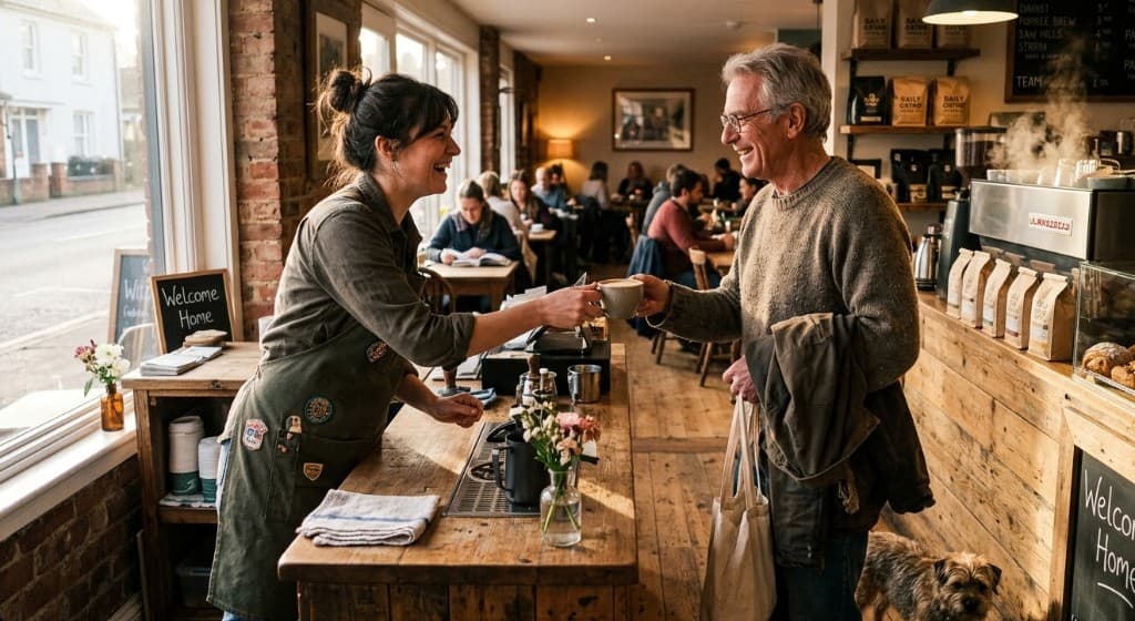 Barista handing coffee to a regular customer in a warm café; Welcome Home sign visible.