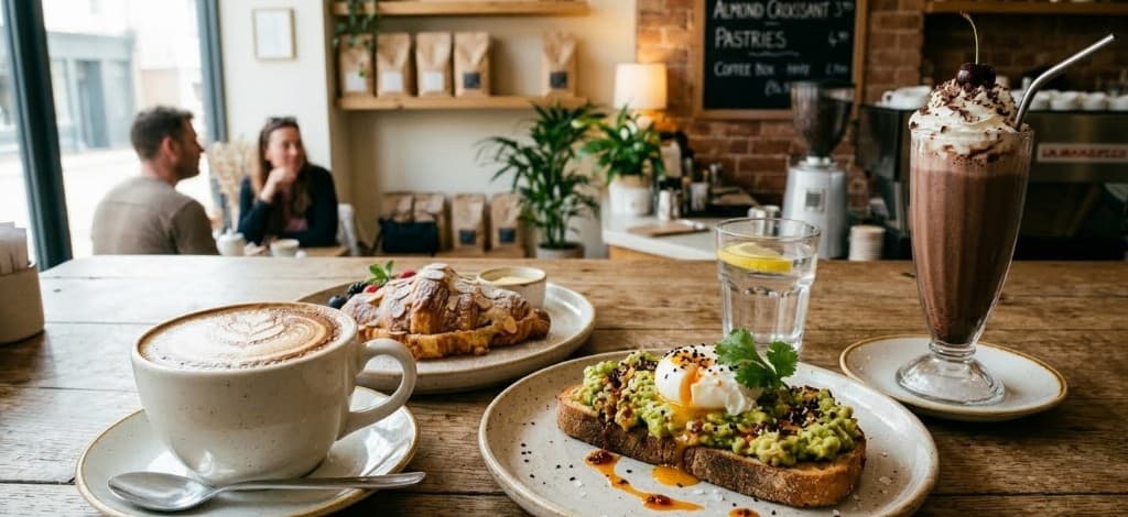 Beautifully presented café breakfast: latte with latte art, almond croissant, avocado toast, chocolate milkshake.