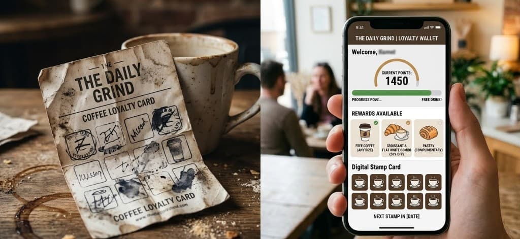 Split comparison: worn paper coffee loyalty card vs digital loyalty wallet app on smartphone with points and rewards.