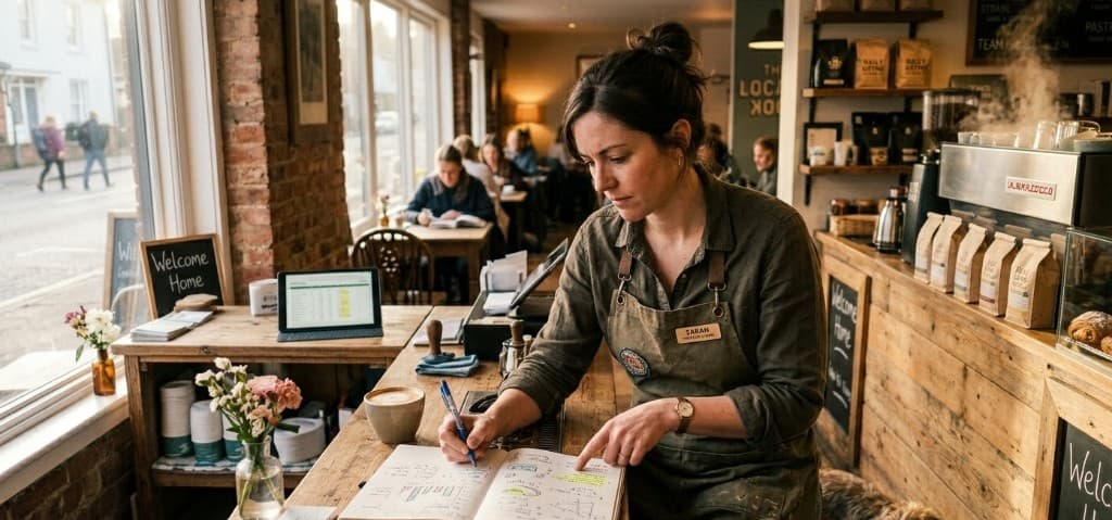Café owner Sarah at counter with notebook and tablet, planning operations; Welcome Home sign, espresso machine and customers in background.
