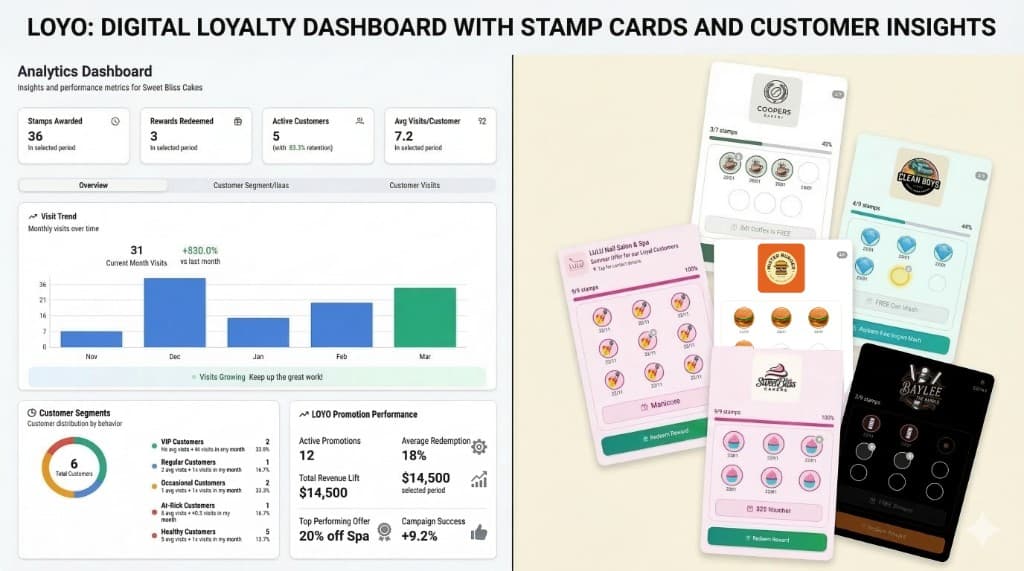 LOYO digital loyalty dashboard with analytics and stamp cards for Sweet Bliss Cakes, Lulu Nail Salon, Coopers Bakery and others.
