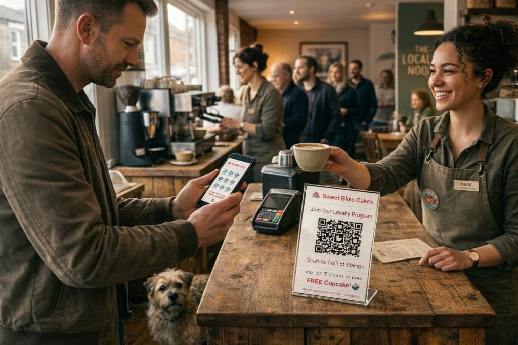 Customer at Sweet Bliss Cakes scanning QR code to join loyalty program; barista handing coffee, sign with Scan to Collect Stamps.