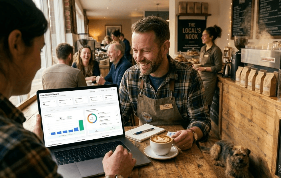 Café owner at The Local's Nook reviewing LOYO analytics dashboard on laptop: visit frequency, customer segments, rewards and stamps.