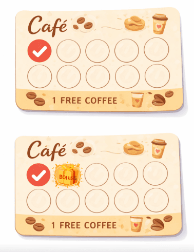 Loyalty cards showing endowed progress, head start stamp and bonus stamp