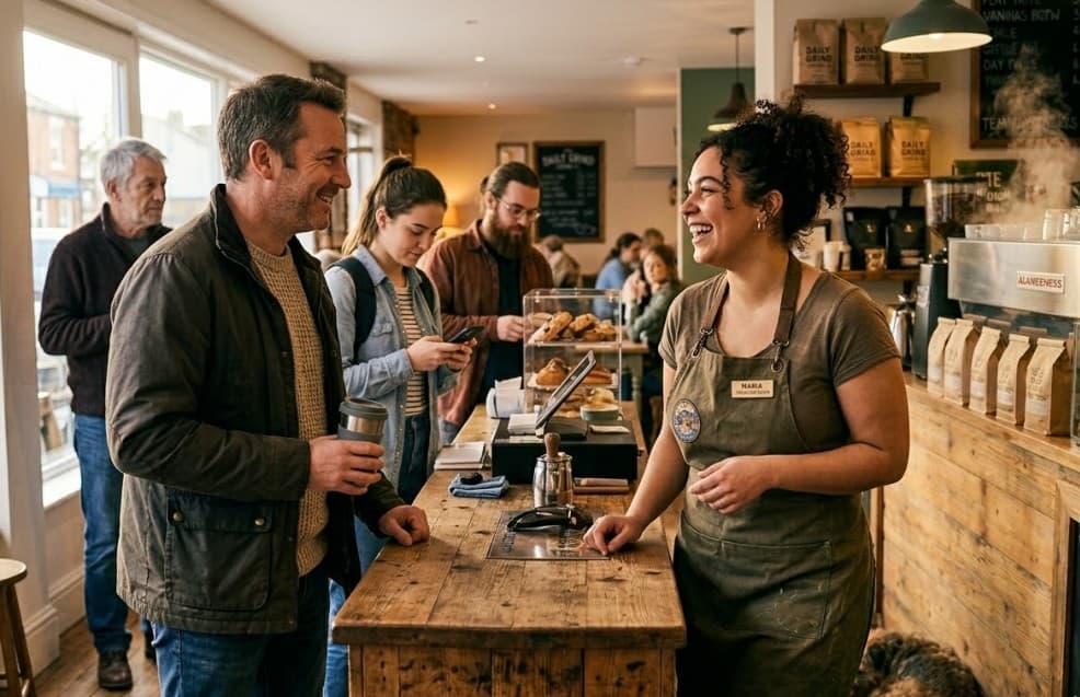 Barista and customer in a busy café; warm, friendly interaction.