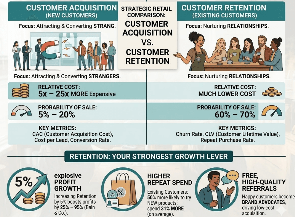 Infographic: Customer acquisition vs customer retention – cost, probability of sale, and key metrics.