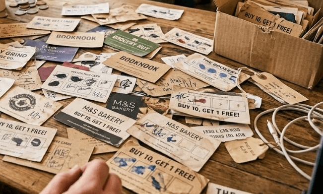 Cluttered table with old paper loyalty cards and business cards; drawbacks of paper-based loyalty.